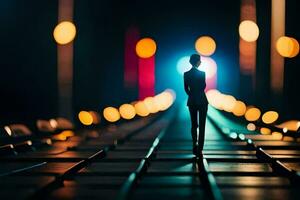 un hombre en pie en un tren pista a noche. generado por ai foto