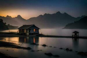 a small house sits on the shore of a lake at sunset. AI-Generated photo