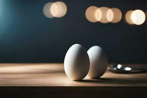 dos huevos en un mesa con un ligero antecedentes. generado por ai foto