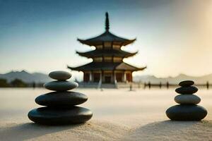 two stones are stacked on top of each other in front of a pagoda. AI-Generated photo