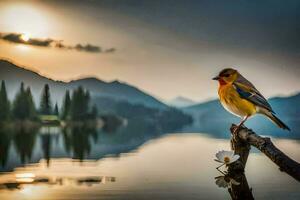 a bird sits on a branch in front of a lake. AI-Generated photo