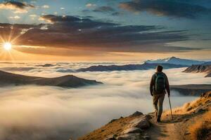 a man walks up a mountain in the fog. AI-Generated photo