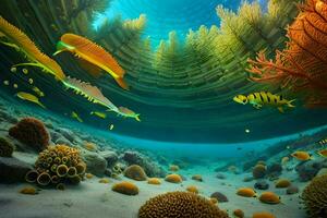 a coral reef with fish swimming in the water. AI-Generated photo