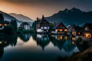 photo wallpaper the sky, mountains, lake, houses, the sun, the mountains, the lake. AI-Generated