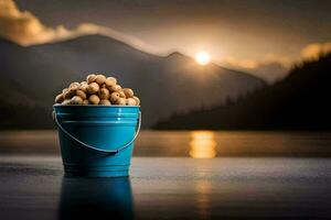 un Cubeta lleno de nueces en un lago con montañas en el antecedentes. generado por ai foto