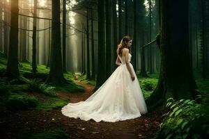 a woman in a wedding dress standing in the woods. AI-Generated photo