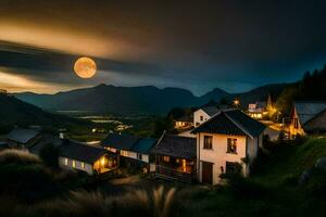 a full moon rises over a village at night. AI-Generated photo