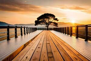 a wooden bridge with a tree on it at sunset. AI-Generated photo