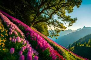 hermosa flores en el montañas a amanecer. generado por ai foto