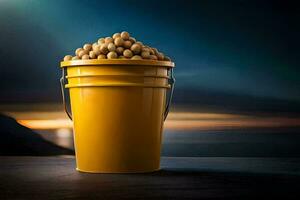 a bucket of soybeans on a table. AI-Generated photo