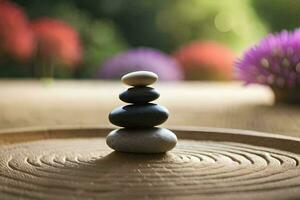 a stack of stones on top of a wooden table. AI-Generated photo