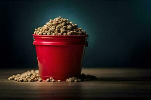 a red bucket filled with seeds on a wooden table. AI-Generated photo