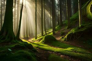 el Dom brilla mediante el arboles en un bosque. generado por ai foto