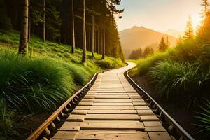 a wooden path leads to the mountains at sunset. AI-Generated photo