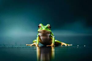 a frog sitting on a dark surface with a blue background. AI-Generated photo