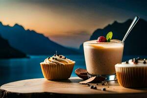 a cupcake and a milkshake sit on a table with a lake in the background. AI-Generated photo