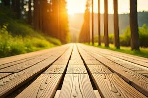 a wooden walkway in the woods with the sun shining. AI-Generated photo