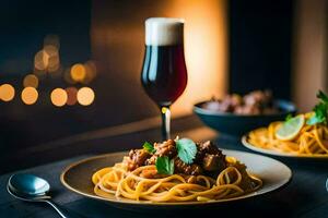 spaghetti with meat and beer. AI-Generated photo