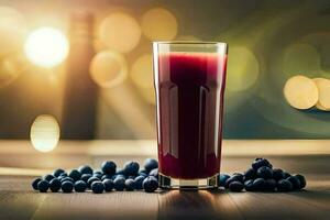 a glass of juice with blueberries on a wooden table. AI-Generated photo
