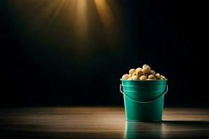 a bucket filled with peanuts on a table. AI-Generated photo