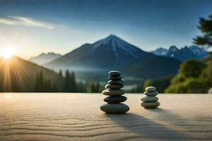 stacked stones in the sand with mountains in the background. AI-Generated photo