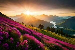 the sun rises over the mountains and flowers in the foreground. AI-Generated photo