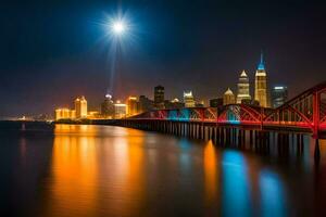 el ciudad horizonte a noche con el Luna brillante brillantemente. generado por ai foto