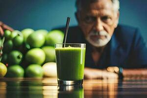 an older man sitting in front of a glass of green juice. AI-Generated photo