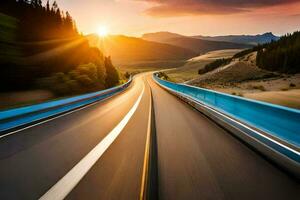 a highway with blue lines and the sun setting. AI-Generated photo