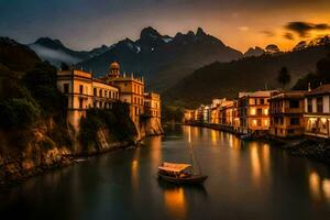 a boat is docked in front of a river at sunset. AI-Generated photo