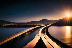 a bridge over water with the sun setting behind it. AI-Generated photo