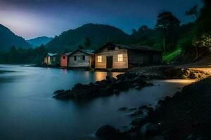 un casa en el apuntalar de un lago a noche. generado por ai foto