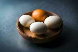 three eggs in a wooden bowl on a table. AI-Generated photo