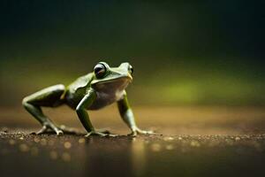 a frog is standing on the ground with its legs spread. AI-Generated photo