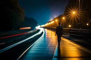 a man walking on a train track at night. AI-Generated photo