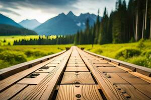 a wooden bridge in the middle of a green field. AI-Generated photo