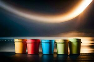 five colorful buckets sit on a table in front of a lake. AI-Generated photo