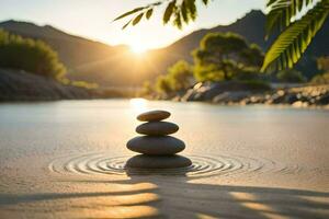 stacked stones in the sand at sunset. AI-Generated photo
