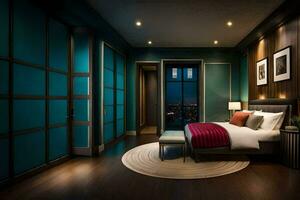 a bedroom with a large bed and wooden floors. AI-Generated photo