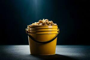 a bucket filled with peanuts on a dark background. AI-Generated photo