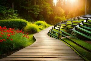 a wooden walkway leads to a garden with flowers. AI-Generated photo