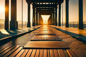 a long wooden walkway with the sun setting behind it. AI-Generated photo