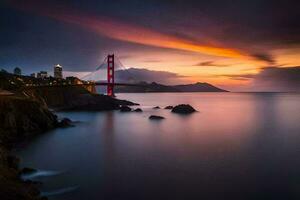 el dorado portón puente a puesta de sol. generado por ai foto