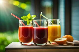 Tres lentes de jugo con pajitas en un mesa. generado por ai foto