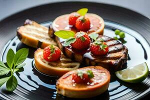 grilled meat and strawberries on a plate. AI-Generated photo