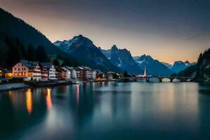 el pueblo de Salsburgo, Austria, a oscuridad. generado por ai foto