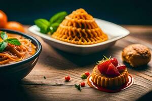 a bowl of pasta, a plate of fruit and a bowl of fruit. AI-Generated photo