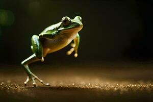 a frog jumping on the ground. AI-Generated photo