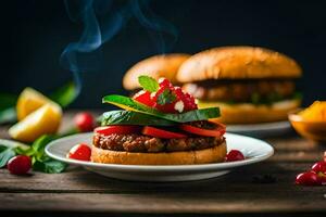 two hamburgers with tomatoes and peppers on a wooden table. AI-Generated photo