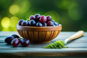 grapes in a bowl and a spoon on a wooden table. AI-Generated photo